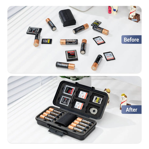 Before and after organizing camera gear with All In One Camera Battery And Memory Card Storage Case For Pro Gear.