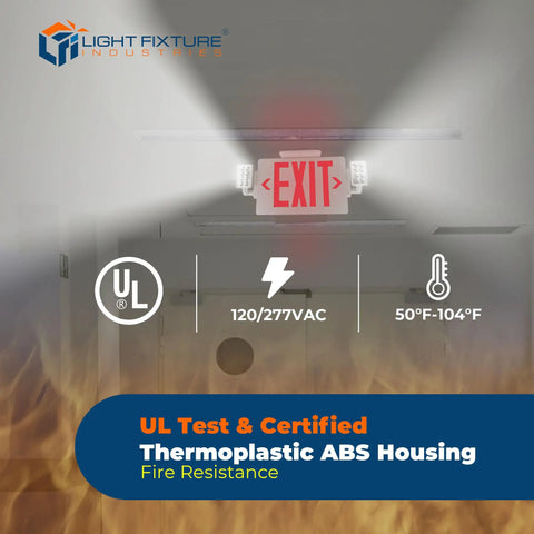 Red LED Exit Sign With Emergency Lights In White Housing UL 924 Listed 120 To 277 VAC Hardwired With Battery Backup Damp Location Rated 157 Lumen Output 3.3 Watt Low Power NiMH Battery Backup Optional Double Face And Knockout Arrows