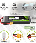 3S LiPo Battery 11.1V 5200mAh 120C With XT60 And TRX Plugs For RC Cars Trucks Planes Helicopters Boats Two Pack 6.18 X 1.81 X 1.03 Inches Beefy Power Bundle For Serious RC Hobbyists displayed with dimensions and features
