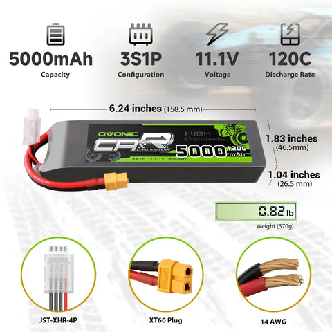3S LiPo Battery 11.1V 5200mAh 120C With XT60 And TRX Plugs For RC Cars Trucks Planes Helicopters Boats Two Pack 6.18 X 1.81 X 1.03 Inches Beefy Power Bundle For Serious RC Hobbyists displayed with dimensions and features