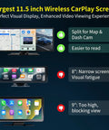 Largest 11.5 Inch Wireless CarPlay Screen beside smaller screens for comparison, showing map and dash cam split view.