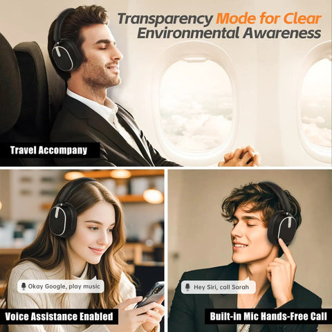 People using Hybrid ANC Wireless Headphones With All Day Comfort And Deep Bass, Hi Res Audio, Memory Foam Cushioned Ear Pads, 60 Hour Battery Life, Bluetooth 6.0 Seamless Connectivity, Crystal Clear Calls, Black in various scenarios.