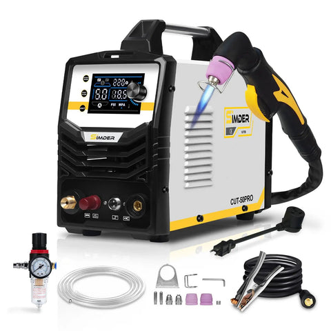 Beast 50 Amp Plasma Cutter With Pilot Arc And Dual Voltage 110V And 220V Workhorse, showing front view with accessories