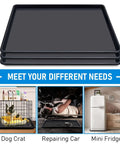 Triple Pack Extra Large Oil Drip Pan 35.4 X 24 Inch Heavy Duty Plastic Drain Tray for home and auto use with dog crate and fridge examples.