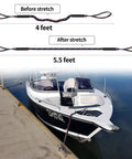 Heavy Duty Bungee Dock Lines For Boats Quick Docking And Safe Mooring Pontoon And Bass Boat Mooring Gear stretching from 4 to 5.5 feet with boat attached at dock