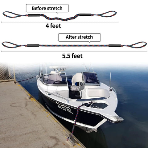 Heavy Duty Bungee Dock Lines For Boats Quick Docking And Safe Mooring Pontoon And Bass Boat Mooring Gear stretching from 4 to 5.5 feet with boat attached at dock