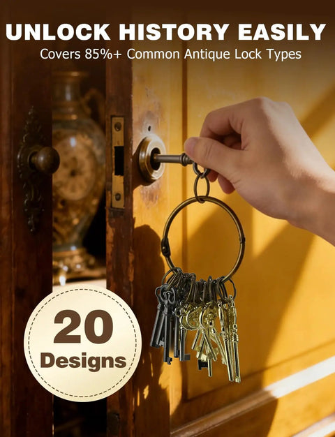 Hand using Universal Skeleton Key Set 20Pcs For Antique Locks That Fit Vintage Furniture on wooden door lock