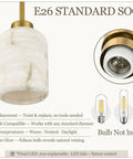 Close-up of Karjearl Alabaster Pendant Light, E26 socket with gold accents, showcasing natural stone veining and warm glow.