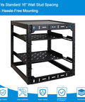 12U Open Frame Network Rack With 2x 14in Vented 1U Shelves And Rear Support Wall Mount Or Floor Standing Cabinet