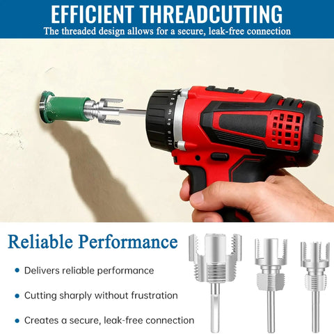 Integrated Three Piece Pipe Threading Tool Set for PVC Pipes one half inch three quarter inch and one inch drill powered in use