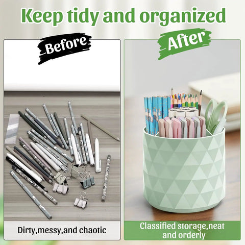 Comparison of desk clutter before and organized with Sparkling Diamond Desk Organizer With 360 Rotating Pen Holder in green.