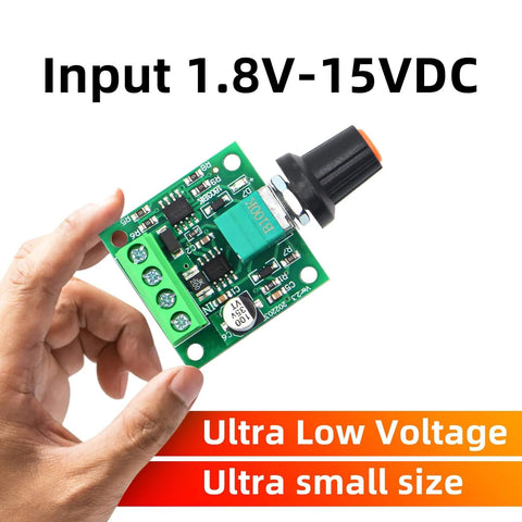 Low Voltage PWM Motor Speed Controller for DC Motors with 1.8V, 3V, 5V, 6V, or 12V input and 2A drive, output up to 30W