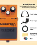 DS1 Distortion Pedal Bundle With Gearlux Power Supply, Instrument Cable, Patch Cable, Picks, And Polishing Cloth displayed