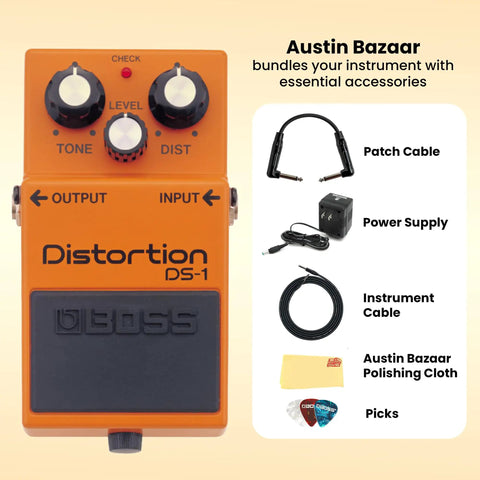 DS1 Distortion Pedal Bundle With Gearlux Power Supply, Instrument Cable, Patch Cable, Picks, And Polishing Cloth displayed