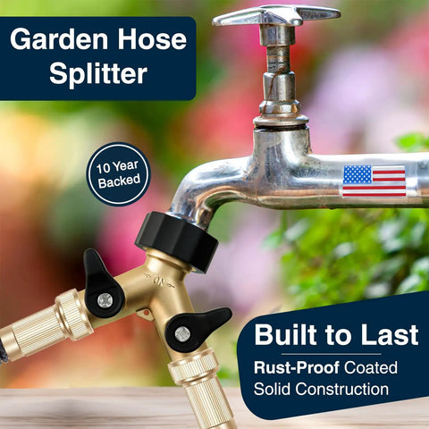 Heavy Duty 2 Way Hose Splitter Premium Brass Y Adapter With Double Shut Off Valve Rust Resistant Finish For Outdoor Faucet Spigot Bib Tap Garden Hose Connector on outdoor spigot