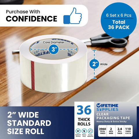 2 Inch Clear Packing Tape 2.4 Mil Thick 110 Yards Per Roll 36 Rolls Total with size dimensions on a wooden table
