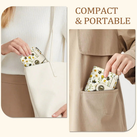 Floral Bee Small Wallet For Women With RFID Blocking Bifold Card Holder Zipper Coin Pocket PU Leather, fitting in purse pocket.