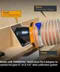 Secure Your Weekend Warrior Project With This Universal 2-1/2 Inch Dust Collection Port And Vacuum Hose Connector Flange For Table Saws Jointers Planers And Woodshop Gear, black ABS dust port with flexible hose.