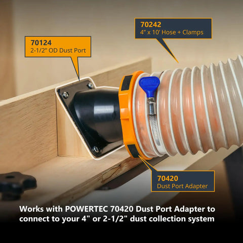 Secure Your Weekend Warrior Project With This Universal 2-1/2 Inch Dust Collection Port And Vacuum Hose Connector Flange For Table Saws Jointers Planers And Woodshop Gear, black ABS dust port with flexible hose.