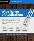 Built Tough Hot Dipped Galvanized Steel Mending Plates For Wood Deck Repair And Framing Reinforcement 1 Inch By 4 Inches shown on wooden background.
