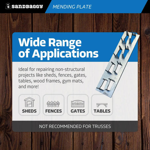 Built Tough Hot Dipped Galvanized Steel Mending Plates For Wood Deck Repair And Framing Reinforcement 1 Inch By 4 Inches shown on wooden background.