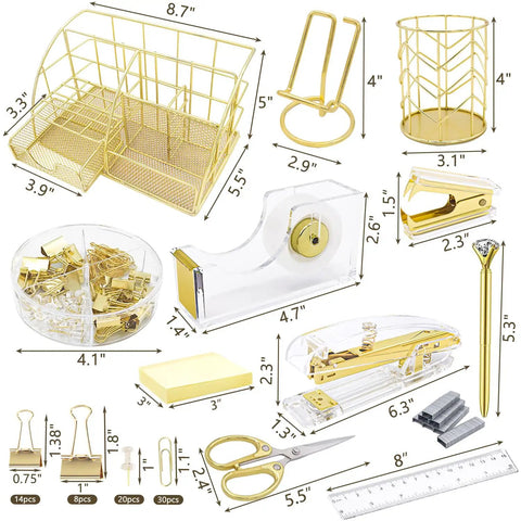 Gold Acrylic 13 Piece Desk Organizer Set With Office Essentials Including Stapler Staple Remover Clips Scissors Phone Holder Pen Holder And More To Keep Your Home Office And Desk Looking Slick, showing various items and dimensions