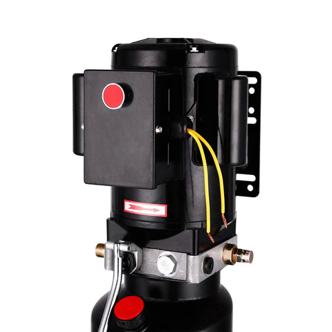 Close-up of Heavy Duty 220V Hydraulic Pump With 10L Steel Oil Tank And 2950 PSI Max Pressure switch and wiring details.
