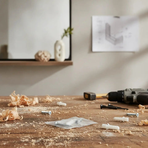 Hollow Wall Mount Kit With PP Plastic Anchors and Steel Screws on a workbench with drill and wood shavings