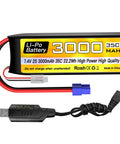 2S 7.4V 3000mAh 35C LiPo Battery With EC3 Plug And USB Charger For RC Cars Trucks Boats Drones FPV Quadcopters And Aircraft Delivers Beefy Power And Long Run Time With Easy Top Up, showcasing EC3 plug and USB charger.