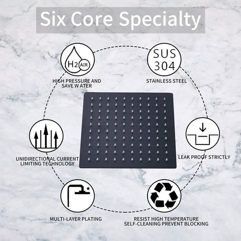 Diagram of matte black rain shower head features, including SUS 304 steel, high pressure, leak proof, and anti lime scale jets