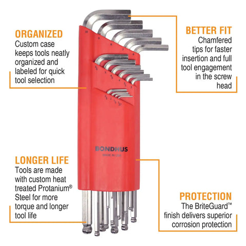 Set Of 15 Balldriver L Wrenches With BriteGuard Plating in a red case showing Protanium steel build, compact and organized.