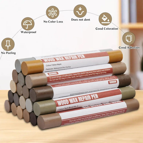 20 Color Wood Filler Sticks Kit For Quick DIY Furniture Scratch Repair And Touch Up Wax Crayons stacked on a table