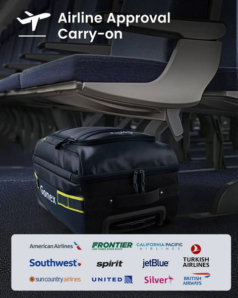Underseat Carry On Luggage With Wheels 16 Inch 30L Waterproof PVC Weekender Bag in airline's cabin, Navy Blue