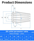 Diagram showing dimensions of Er25 10mm Spring Collet For CNC Milling And Lathe Tools, highlighting measurements and structure details.