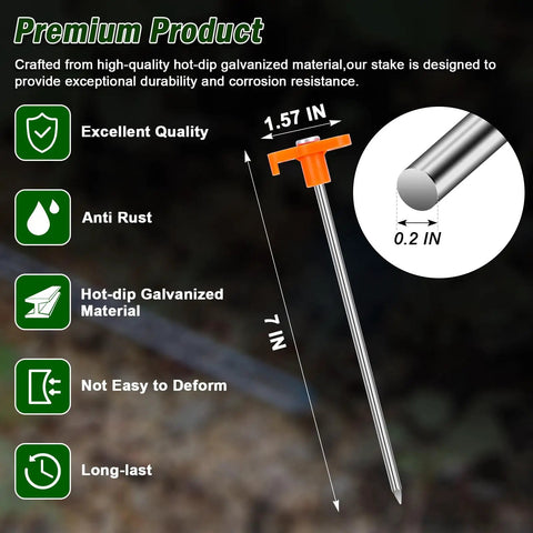Heavy Duty 7 Inch Tent Stakes, 10 Pack Galvanized Steel Ground Anchors with bright orange head and rust-resistant material.