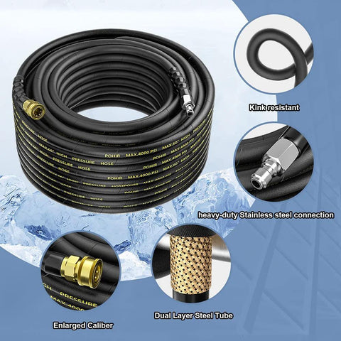POHIR power washer hose, 100 ft, 3/8 in quick-connect, wire-braided with stainless steel fittings, 2 quick-connect kits