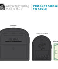 Locking Parcel Mailbox X Large Pewter shown to scale with medium mailbox and dollar bill for size comparison.