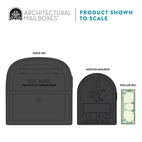 Locking Parcel Mailbox X Large Pewter shown to scale with medium mailbox and dollar bill for size comparison.