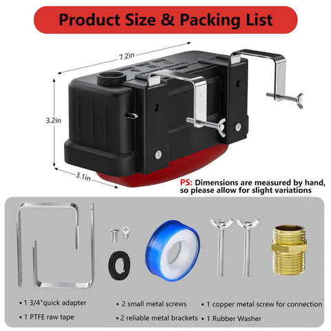 Premium Water Trough Float Valve With Automatic Water Level Control For Stock Tanks Poultry Coops And Livestock Waterers, dimensions and accessories shown.