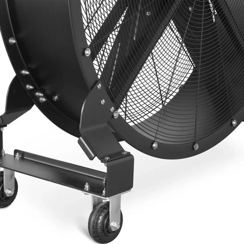 Close-up of Hella Powerful 47 Inch Portable Industrial Fan With Stepless Variable Speed Motor heavy duty base and wheels.