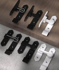 Pack Of 3 180 Degree Black Barn Door Locks And Latches With Handle For Cabinets Bathroom Closet Window Garage Security Lock Set Heavy Duty Sliding Door Latch showcasing the black and white latch sets on a surface.
