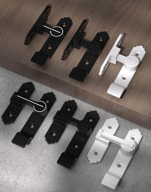 Pack Of 3 180 Degree Black Barn Door Locks And Latches With Handle For Cabinets Bathroom Closet Window Garage Security Lock Set Heavy Duty Sliding Door Latch showcasing the black and white latch sets on a surface.
