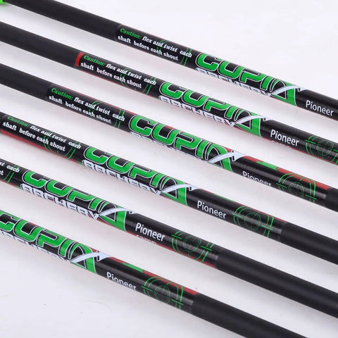 Close-up of Carbon Crossbow Bolts 20 Inch Arrows Set showing colorful branding and design, part of 12 pack with broadheads