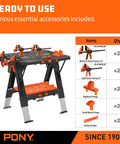 Your Go-To Portable Folding Work Table 2-In-1 Sawhorse And Workbench For DIY Projects with clamps and accessories shown
