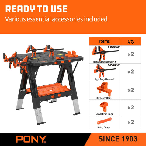 Your Go-To Portable Folding Work Table 2-In-1 Sawhorse And Workbench For DIY Projects with clamps and accessories shown