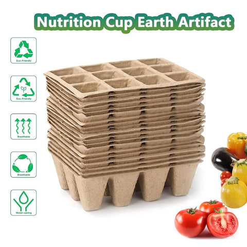 Stack of biodegradable seed starter trays from 120 Cell Seed Starter Tray Kit For Indoor Gardens with veggies in the background.