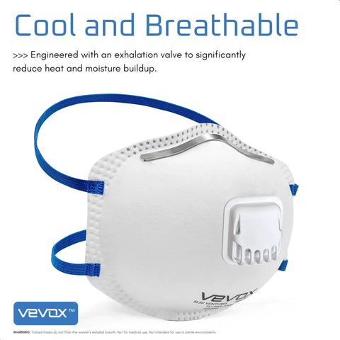 Adult N95 Mask With Valve, NIOSH Approved, Comfort-Plus Seal Particulate Respirator, shown with exhalation valve and blue straps.