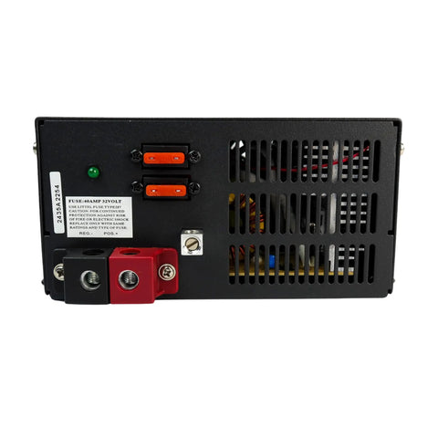 Back view of Bad Boy 55 Amp Deck Mount RV Converter Charger showing terminals and cooling vents, suitable for lithium and lead acid batteries.