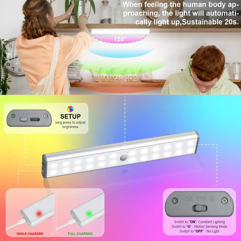 24 LED RGBW Under Cabinet Light With Motion Sensor And USB Rechargeable Battery, setup controls and charging indicators shown