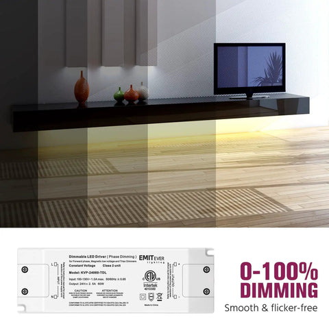 60W Plug And Play Triac Dimmable LED Driver Power Supply 120V to 24V Transformer demonstrating 0-100% dimming effect on shelving unit